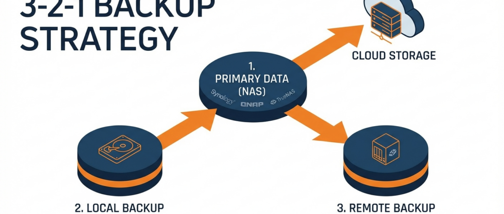 Estrategia backup 3-2-1 NAS - Diagrama de tres copias en dos medios con una off-site