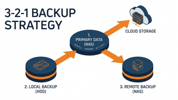 Estrategia backup 3-2-1 NAS - Diagrama de tres copias en dos medios con una off-site