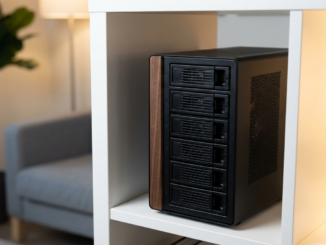 Jonsbo N6 caja NAS compacta en estantería IKEA KALLAX en salón moderno