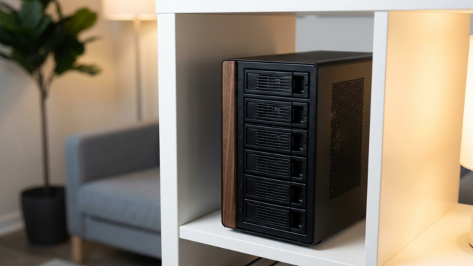 Jonsbo N6 caja NAS compacta en estantería IKEA KALLAX en salón moderno